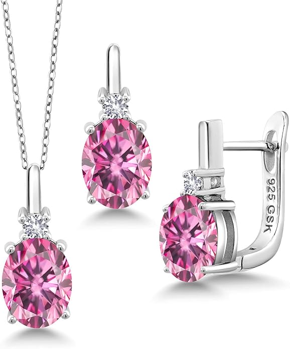 Gemstone Birthstone and White Created Sapphire Pendant and Earrings Jewelry Set for Women in 925 Sterling Silver | Oval 8X6MM and Round 2.5MM | With 18 Inch Chain | Fine Jewelry for Her Mom Women Wife