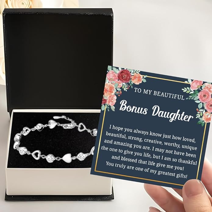 To My Bonus Daughter Heart Bracelet Gift, Beautiful Bonus Daughter Jewelry From Step Mom Dad With Message Card and Box Meaning, Christmas Graduation Birthday Gifts, To My Stepdaughter Bracelet