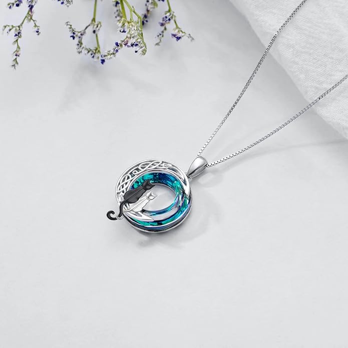 TOUPOP Christmas Cat Gifts for Cats Lovers One Two Three Four Cats Necklace Sterling Silver Cats on the Moon Pendant Necklace with Blue Circle Crystal Birthday Christmas Celtic Jewelry Gifts for Women