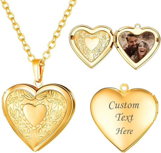 U7 Women Locket Necklace Platinum 14K Gold Photo Lockets that Hold Picture,Chain 20 Inch Personalized Gift Custom Love Heart Image Necklaces