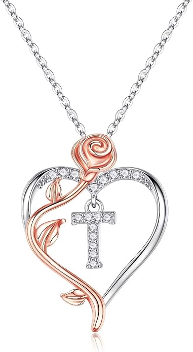Yesteel Rose Heart Initial Necklaces Gifts for Women Teen Girls, Rose Love Heart Letter Pendant Necklace Jewelry Mothers Day Valentines Anniversary Birthday Gifts for Her Women Wife Girlfriend
