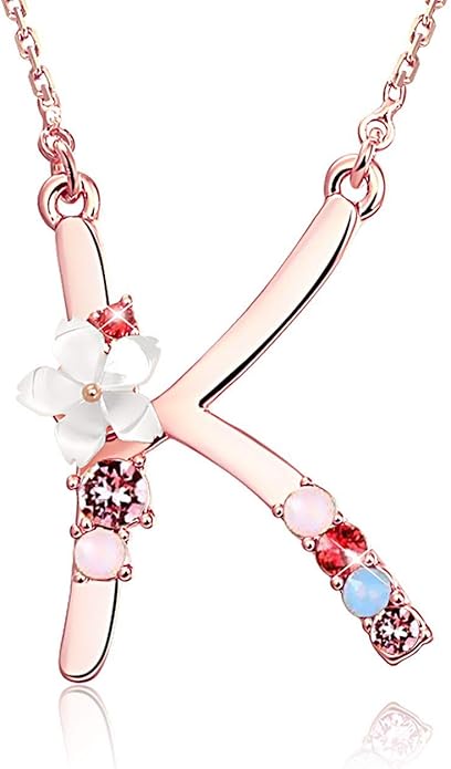 Flower Initial Letter Necklace Pink Red Blue Simulated Pearl Pendant Name Jewelry Made with Austrian Crystals Rose Gold Plated Anniversary Birthday Gifts for Women,18"+2"