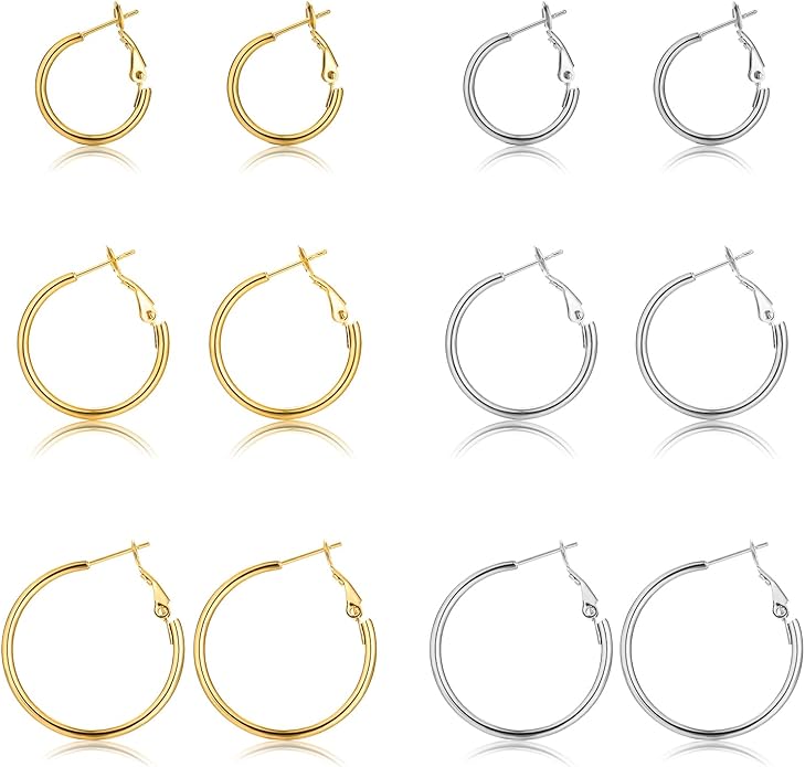 6 Pairs Gold Silver Hoop Earrings for Women, 14K Gold Plated Stainless steel Hoop Earring for Women, Lightweight Hypoallergenic Dainty Hoop Earrings Set