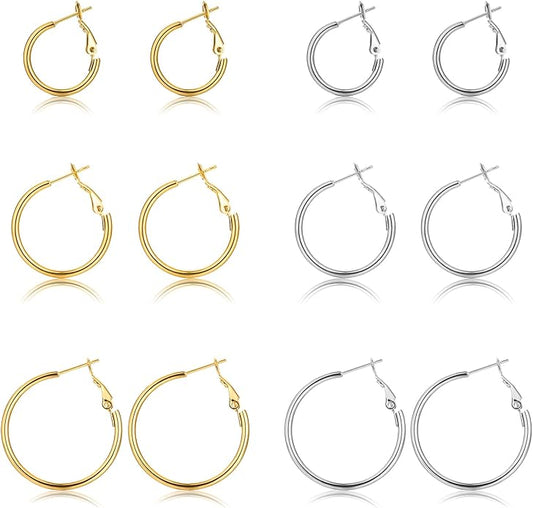 6 Pairs Gold Silver Hoop Earrings for Women, 14K Gold Plated Stainless steel Hoop Earring for Women, Lightweight Hypoallergenic Dainty Hoop Earrings Set