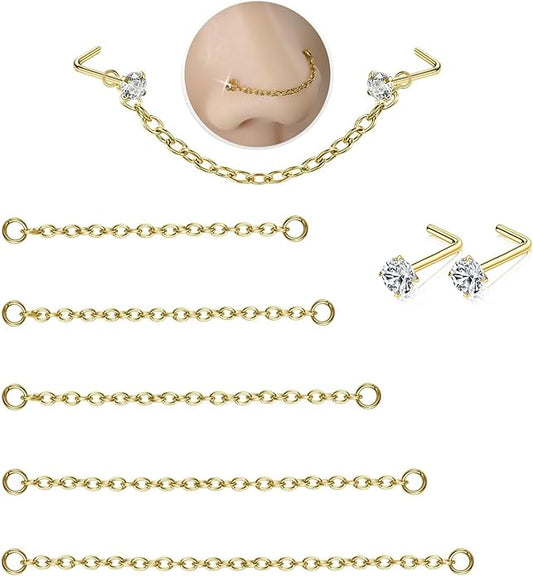Nose Rings Studs: 8Pcs 20G Gold/Silver 316L Surgical Stainless Steel Nose Studs Hypoallergenic Corkscrew Nose Piercing Stud Jewelry for Women Men Clear Cubic Zirconia Imitation Diamond Top Size 1.5mm 2mm 2.5mm 3mm