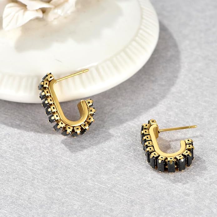 Green Crystal huggie gold hoop earrings for women Girls,14K Gold Plated with 925 Sterling Silver Post color Cubic Zirconia dainty cute Earrings| CZ Stud Earring