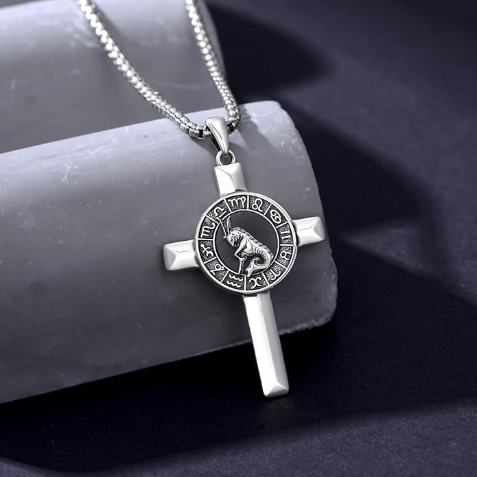 MEIDERBO Cross Zodiac Necklace 925 Sterling Silver 12 Constellation Horoscope Astrology Pendant Necklace Zodiac Sign Jewelry Gifts for Men Women