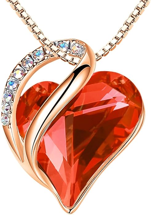 Leafael Rose Gold Plated Necklace for Women: Heart Shaped Birthstone/Healing Crystals Center, Dazzling Cubic Zirconia, Hypoallergenic Chain (18"+2"), Jewelry Gifts for Anniversaries and Birthdays