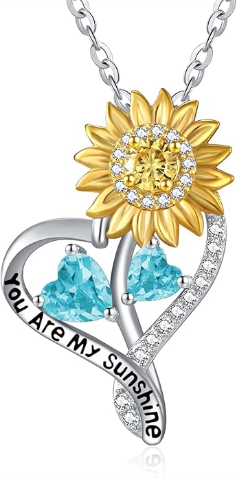 Zeuslia Double Birthstone Necklace Gifts for Wife - 925 Sterling Silver Sunflower/Rose/Crown Cross/Compass/Heart Pendant I Love You Necklace, Anniversary Birthday Gifts for Wife Girlfriend Mom Her