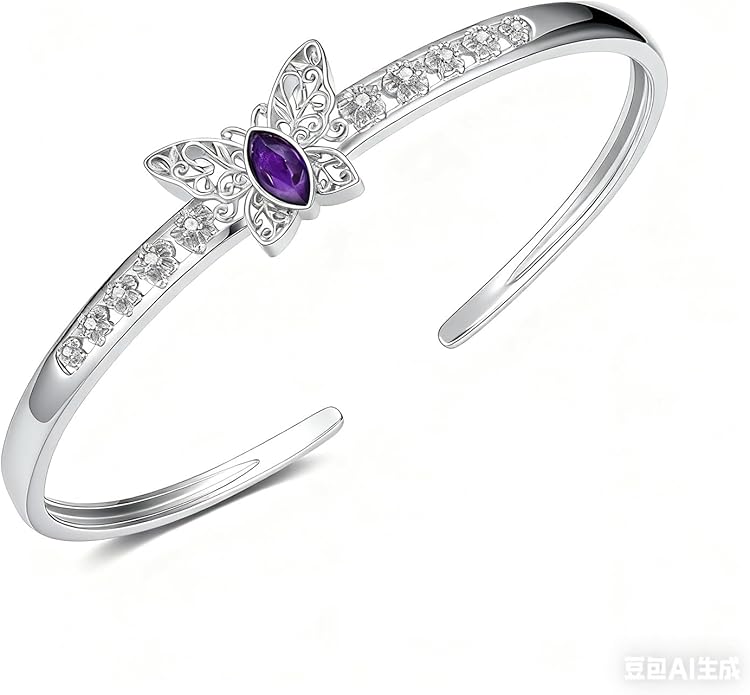 Butterfly Filigree Cuff Bracelet with CZ, 925 Sterling Silver Adjustable Natural Gemstone Bangle, Vintage Boho Jewelry Gift for Her