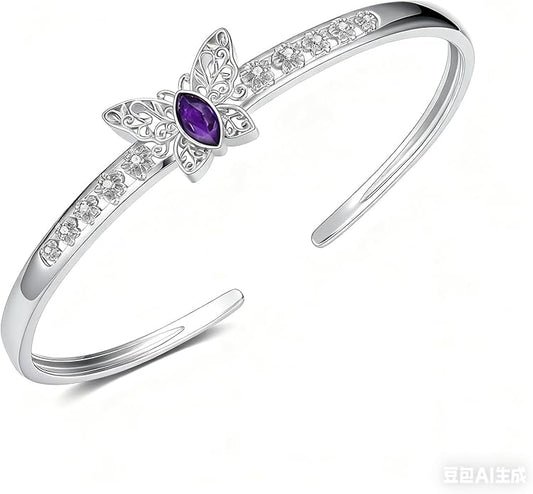 Butterfly Filigree Cuff Bracelet with CZ, 925 Sterling Silver Adjustable Natural Gemstone Bangle, Vintage Boho Jewelry Gift for Her