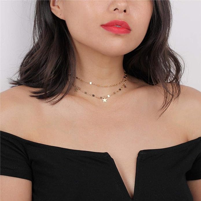 Gold Choker Necklaces 14K Gold Plated/Silver Disc Choker Necklaces Dangling Star Heart Pendant Necklaces Summer Beach Boho Necklaces Aesthetic Necklace Gift for Women