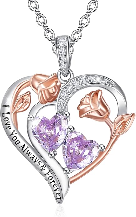 Zeuslia Double Birthstone Necklace Gifts for Wife - 925 Sterling Silver Sunflower/Rose/Crown Cross/Compass/Heart Pendant I Love You Necklace, Anniversary Birthday Gifts for Wife Girlfriend Mom Her