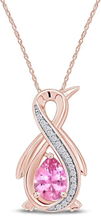 Infinity Penguin Pendant Necklace for Women, 14K Gold Over Sterling Silver with Pear & Round Cut Simulated Birthstone & White Diamond Accents, Dainty Animal Jewelry Gift with 18" Chain