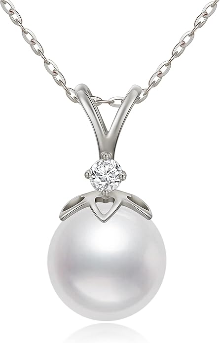 14K Gold Pearl Necklace for Women, 9mm White Freshwater Cultured Pearl Love Heart Pendant Necklace Jewelry Anniversary Present for Women, Girls 16+2 Inch