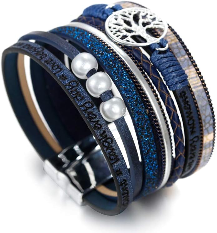 Fesciory Leather Wrap Bracelets for Women, Boho Leopard Multi-Layer Crystal Beads Cuff Bracelet Jewelry