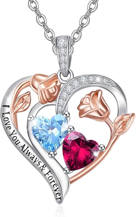 Zeuslia Double Birthstone Necklace Gifts for Wife - 925 Sterling Silver Sunflower/Rose/Crown Cross/Compass/Heart Pendant I Love You Necklace, Anniversary Birthday Gifts for Wife Girlfriend Mom Her