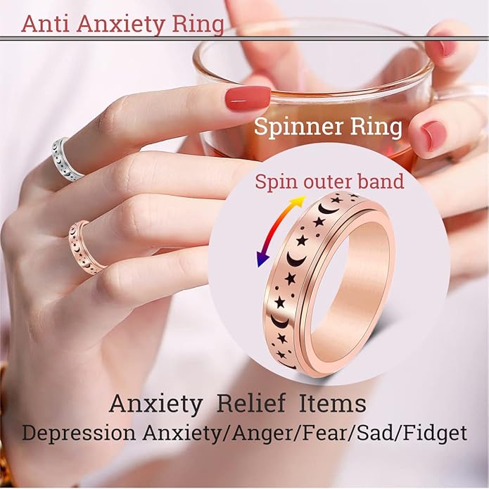 AmorArtSky Anxiety Ring for Women Men, Titanium Stainless Steel Spinner Ring, 5 Colors, 6MM, Size 6-10, 3 Styles Anxiety Ring-Moon Star, Sandblasted Finished, Hollow Outer