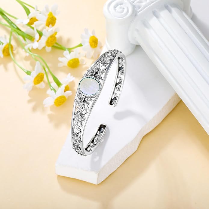 Genuine Turquoise Vintage Flower Bracelet Bangle, Sterling Silver Boho Adjustable Bangle Cuff Native American Jewelry for Women, Fit for 6.5 7 7.5 Inches