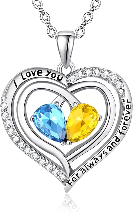 Zeuslia Double Birthstone Necklace Gifts for Wife - 925 Sterling Silver Sunflower/Rose/Crown Cross/Compass/Heart Pendant I Love You Necklace, Anniversary Birthday Gifts for Wife Girlfriend Mom Her
