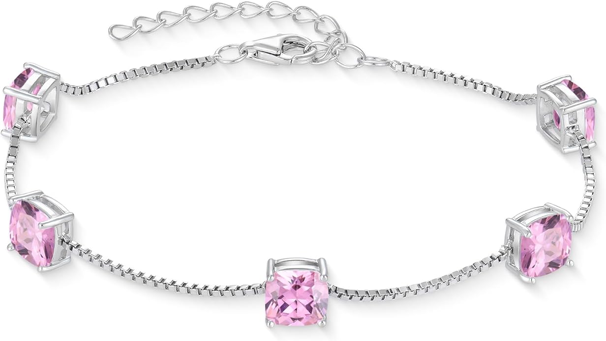 Birthstone Bracelet for Women 925 Sterling Silver Dainty Princess Cut Link Bracelet Jewelry Gifts for Her