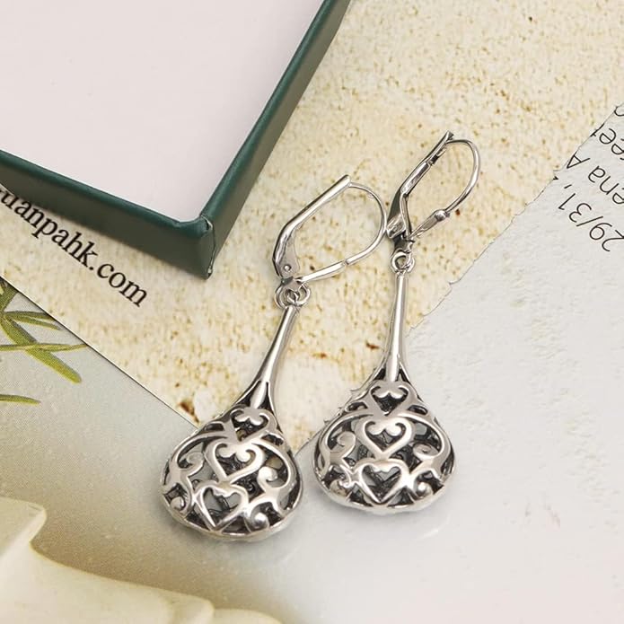 LeCalla 925 Sterling Silver Leverback Drop Earrings | Lightweight Celtic-Knot Filigree Heart Teardrop Dangle Earring for Women's Gift for Her
