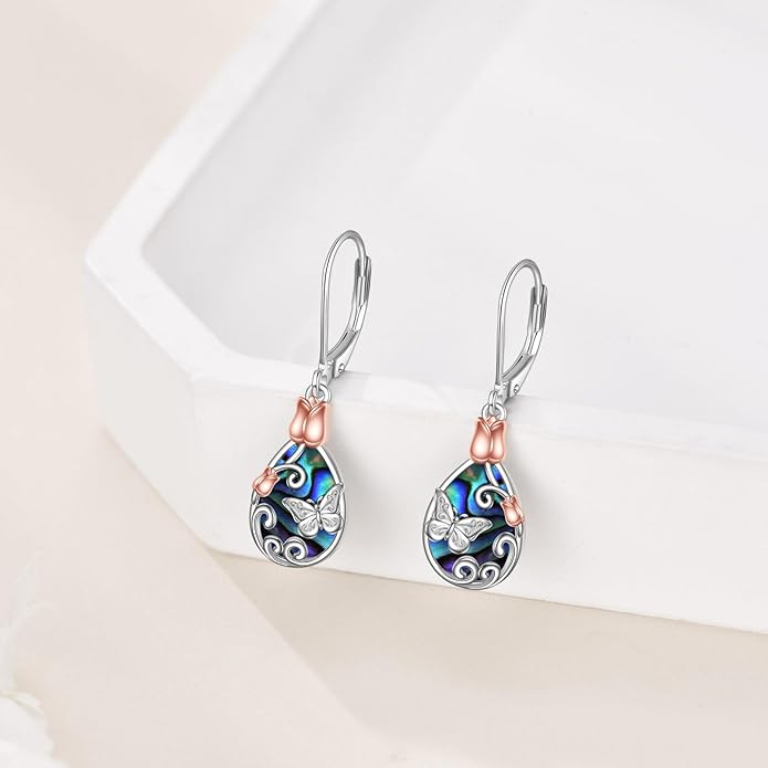 AOBOCO Butterfly/Dragonfly/Bee/Ladybug Leverback Earrings 925 Sterling Silver Rose Lotus Tulip Flower Filigree Dangle Earrings Teardrop Moonstone Larimar Turquoise Abalone Shell Jewelry Birthday Gifts for Women