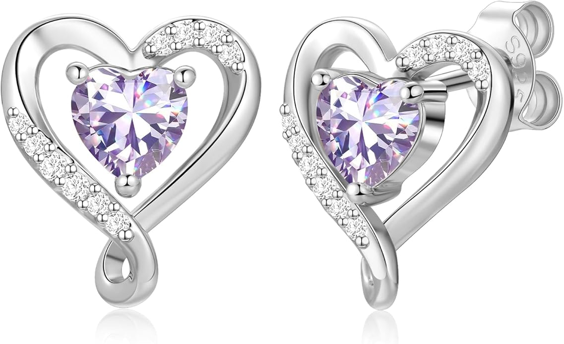 Earrings for Women, S925 Sterling Silver Rose Gold Birthstone Heart Studs Earring for Girlfriend Wife, Anniversary Birthday Christmas Valentines Mothers Day Gifts Jewelry for Women Wife Her Mom