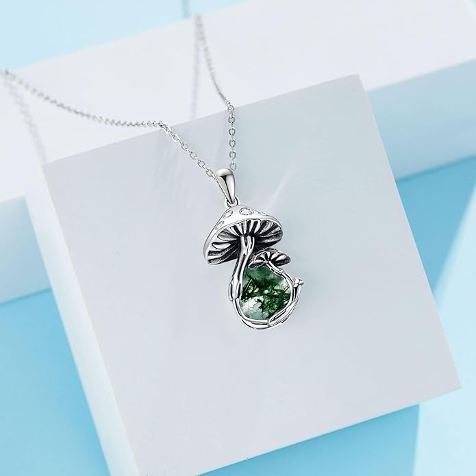 YAFEINI Mushroom Necklace Moonstone/Moss Agate/Malachite/Labradorite/Turquoise/Amber/Larimar/Black Onyx/Lapis Lazuli/Peridot/Opal Sterling Silver Mushroom Pendant Mother's Day Jewelry for Women Mom