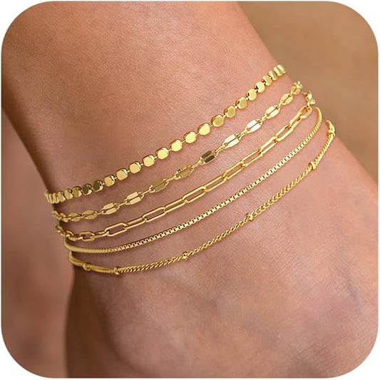 DEARMAY 14K Gold Plated Ankle Bracelets for Women Waterproof - Dainty 6Pcs Anklets Layered Cuban Link Chain Herringbone Cute Anklets Set Pack Summer Beach Jewelry Gift for Women Teen