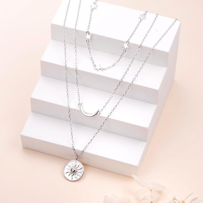 S925 Sterling Silver Layered Necklaces Multi 3 Layer Circle Bar Boho Long Triple Choker Pendant Necklace Jewerly Gift for Women