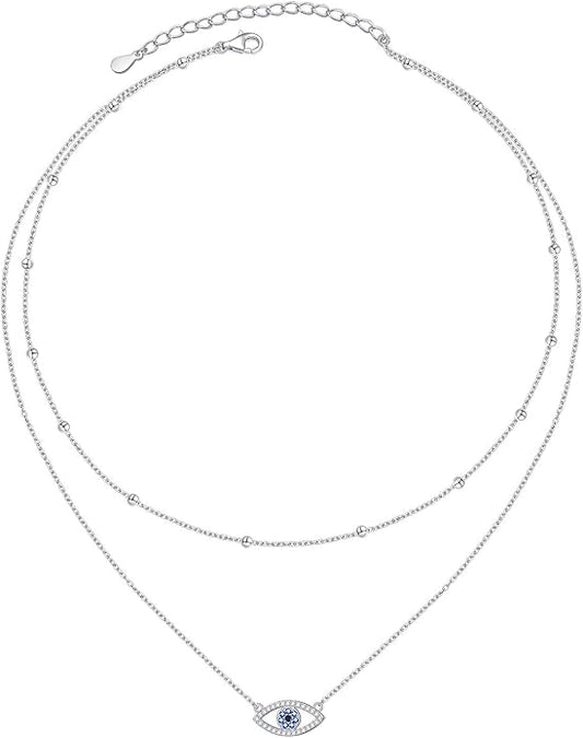 Layered Necklaces for Women S925 Sterling Silver Chokers Necklace for Women Circle/Heart/Double Circle/Cross/Star/Evil Eye Necklace Handmade Bead Necklaces Adjustable