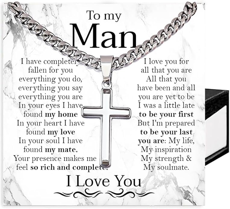 SUTERY Cross Cuban Chain Necklace - Promise Necklace for Him, Necklace for Boyfriend, Mens Necklace for Fiance, Valentine's Day