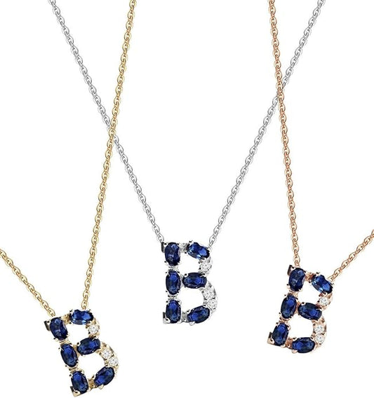 Albert Hern Blue Sapphire Initial Necklace With Diamonds & 18K Gold Chain | Irresistible Letter Pendants Jewelry | Perfect Valentine’s Day, Anniversary & Birthday Gift