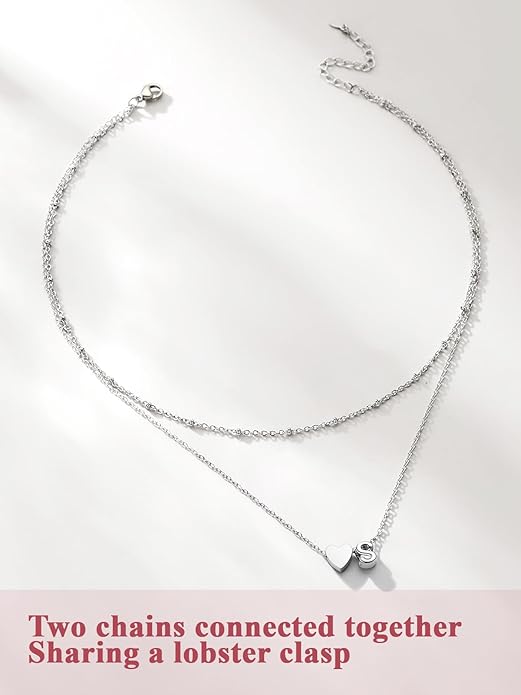 FOCALOOK Layered Initial Necklace for Women, 14K Gold Plated Choker Necklaces Stacks with Initial A-Z, Dainty Silver Heart Pendant Necklace Personalized Birthday Women Jewelry
