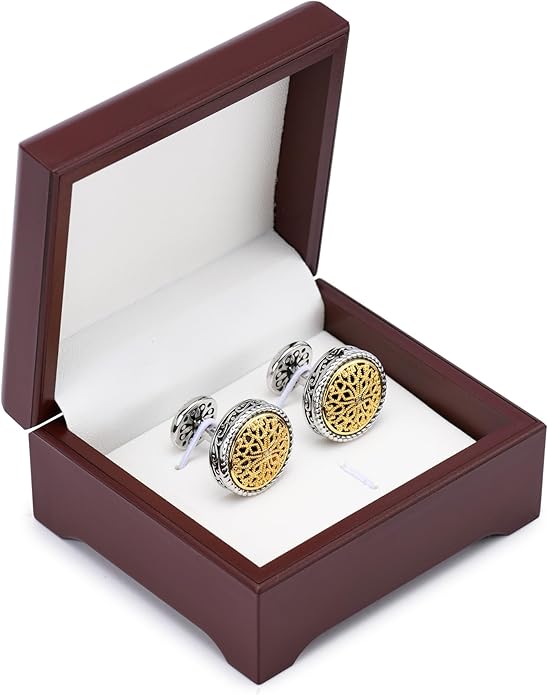 Cuff Links Mens, Cufflinks for Men, Men's Cuff Links for Wedding, Business, Father's Day, Gift for Men, 18K Gold Plated with Luxury Wooden Gift Box