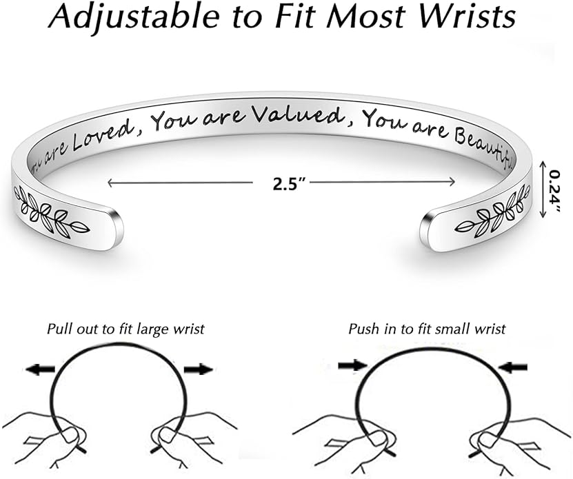 TONY & SANDY Inspirational Bracelets for Women Teen Girls Personalized Gifts for Daughter Granddaughter Mom Sister Friends Stainless Steel Engraved Cuff Birthday Easter Christmas