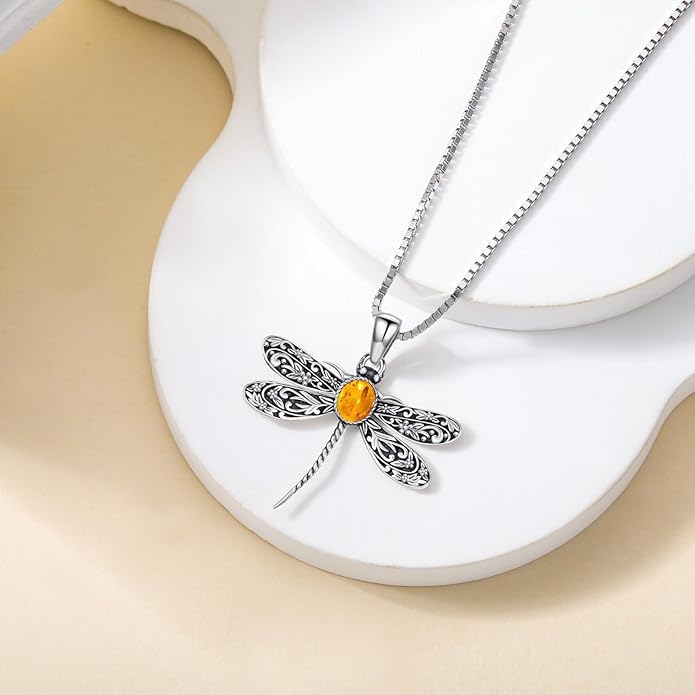 Vintage Dragonfly Necklace, 925 Sterling Silver Natural Amber Pendant, Boho Jewelry Unique Gift for Women