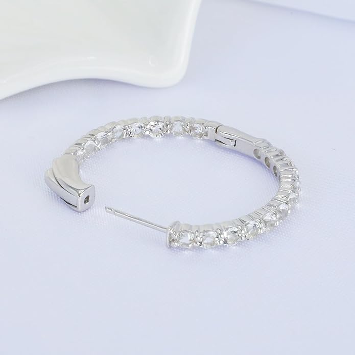 Hoop Earrings with 40 Colored Gemstones, Birthstone Earrings, 925 Sterling Silver Rhodium Plated, Push Back Closure, 1.18'