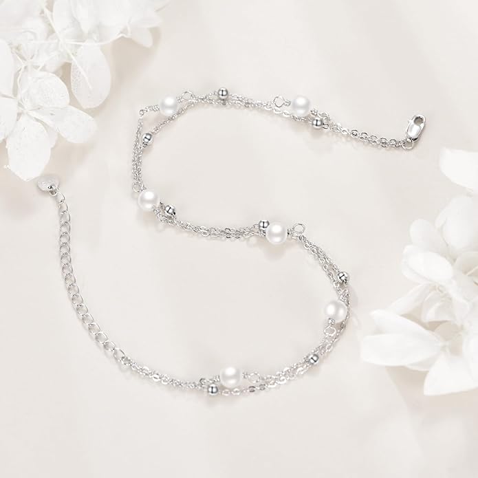 CRMAD Pearl/Moonstone/Larimar/Turquoise/Opal/Black Onyx Bracelet Anklet for Women Sterling Silver Beach Jewelry Gift for Women