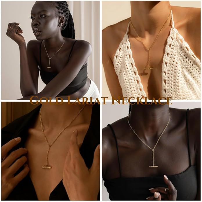 Lariat Necklaces for Women - Dainty Long Necklace Trendy 14K Gold Plated Hypoallergenic Layered Long Y-Shape Sunburst CZ T-Bar Pendant Drop Chain Necklace Set for Women Non Tarinsh Jewelry Gift