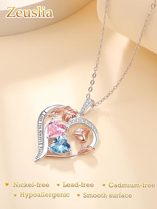 Zeuslia Double Birthstone Necklace Gifts for Wife - 925 Sterling Silver Sunflower/Rose/Crown Cross/Compass/Heart Pendant I Love You Necklace, Anniversary Birthday Gifts for Wife Girlfriend Mom Her