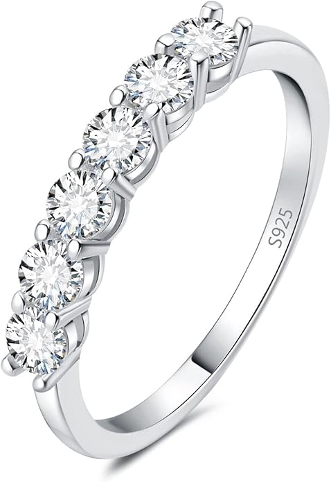JewelryPalace 6 Stone Cubic Zirconia Half Eternity Stackable Wedding Rings for Women, 14K White Yellow Rose Gold Plated 925 Sterling Silver Promise Rings for Her, Simulated Diamond Wedding Band Ring