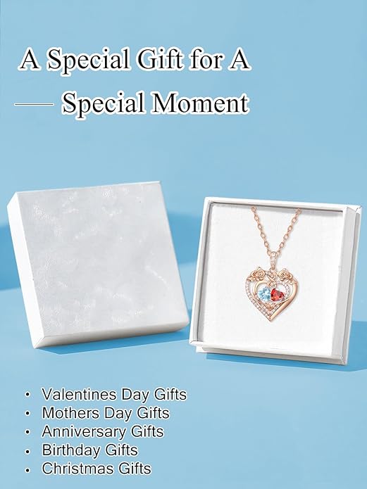 JIYVY32 Rose Heart Necklace for Women Exquisite 925 Sterling Silver Anniversary Birthday Gifts for Wife Mom Her Double Birthstone Pendant Jewelry