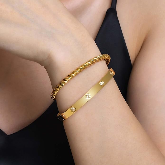MPRAINBOW Gold Bracelets for Women, 2Pcs 18K Gold Plated Cubic Zirconia Bangle Crystal Friendship Bracelet Jewelry,Wedding Party Christmas Birthday Gifts for Her Girlfriend Sister Daughter