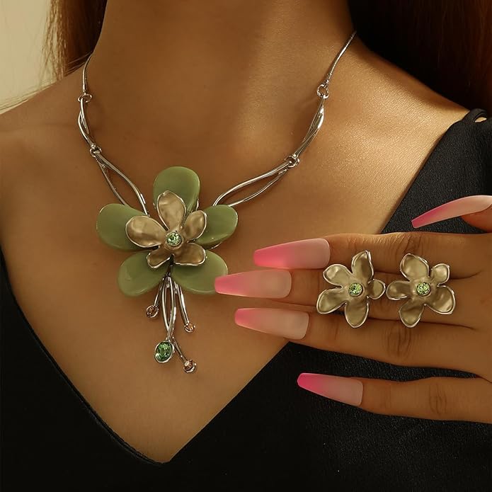 Chunky Statement Jewelry Set Vintage Retro Leaf Flower Floral Geometric Bohemian Boho Bib Necklace Earring Set Fashion Costume Jewelry for Women Girls Wedding Party Prom Unique Gift