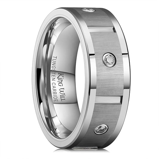 King Will Mens Tungsten Wedding Band with Cubic Zircon Inlay 7mm/8mm Flat Cut Comfort Fit Engagement Rings