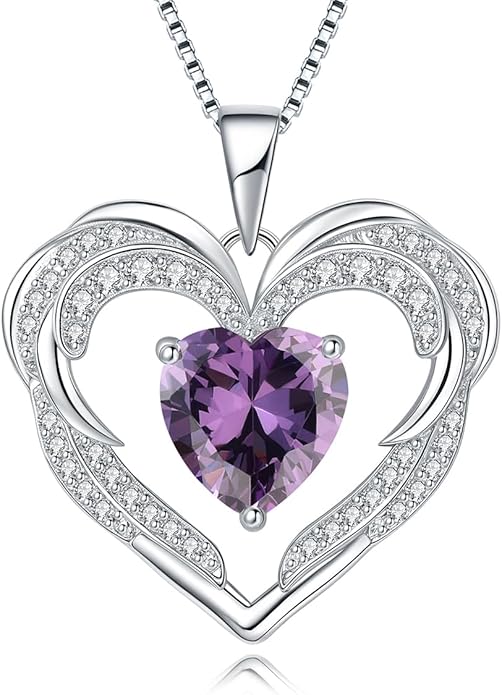 Heart Necklaces Valentine's Gift for Women, Birthstone 925 Sterling Silver Angel Wings Love Pendant Necklaces for Women, Jewelry Gifts for Wife, Anniversary, Mother's day