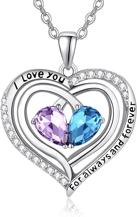 Zeuslia Double Birthstone Necklace Gifts for Wife - 925 Sterling Silver Sunflower/Rose/Crown Cross/Compass/Heart Pendant I Love You Necklace, Anniversary Birthday Gifts for Wife Girlfriend Mom Her