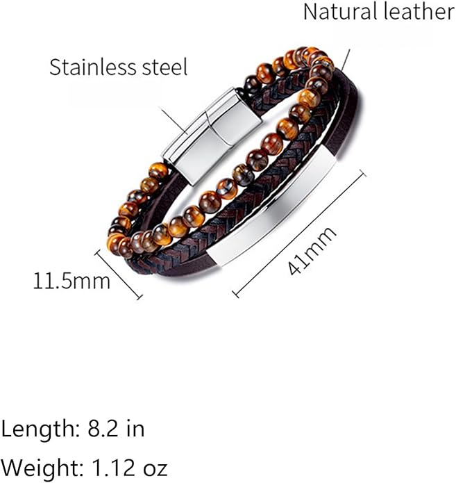 Italian Handmade Genuine Leather Bracelets for Men Stainless Steel Clip, Men's Casual Genuine Multi-layer Cuff Bracelet, Bracelet Gift for Real Men